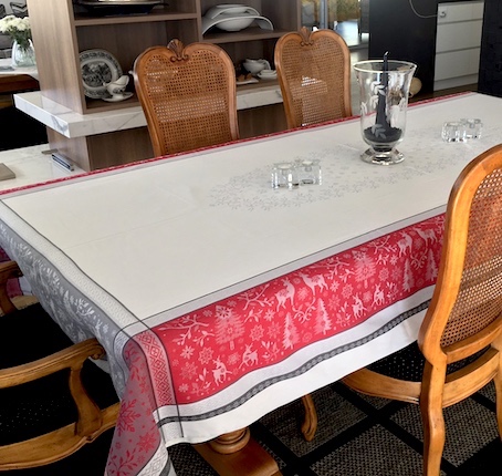 red Christmas tablecloth with fir trees designs