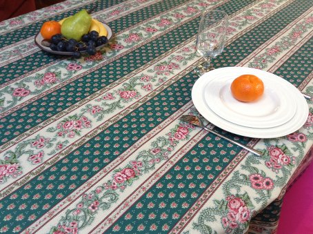 green plastic treated french tablecloth that can be wiped over