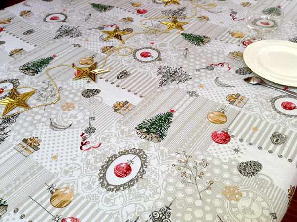 beautiful christmas design tablecloth with fir trees and baubles