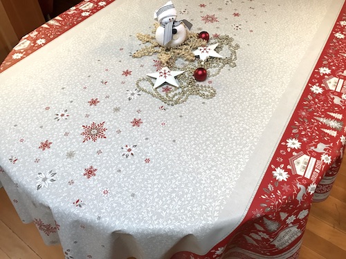 red and grey coated christmas tablecloth