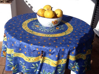 Round And Square Tablecloths Blue And Yellow 60 In Round Coated Tablecloth