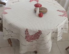 woven tablecloth with hens