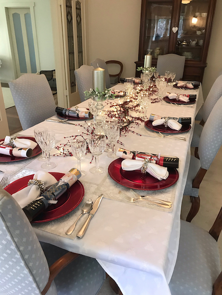 white Christmas tablecloth with tone on tone woven bees designs