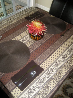 beige and brown tablecloth