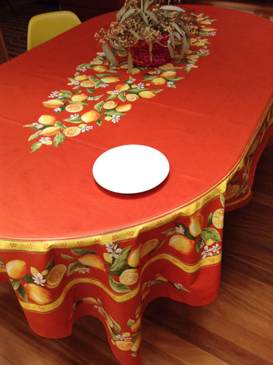 large oval plastic treated tablecloth with lemons