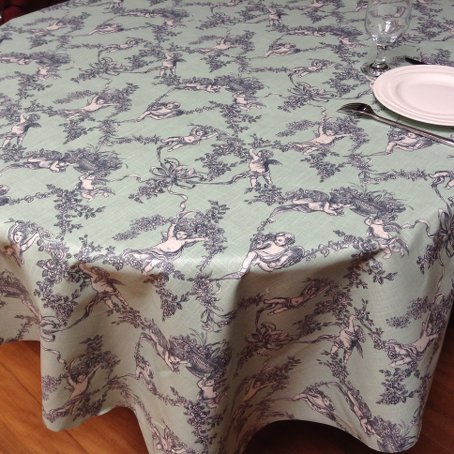 aqua green toile de Jouy tablecloth from France