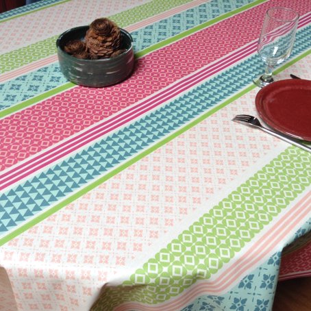 basque design pink and green coated patio tablecloth