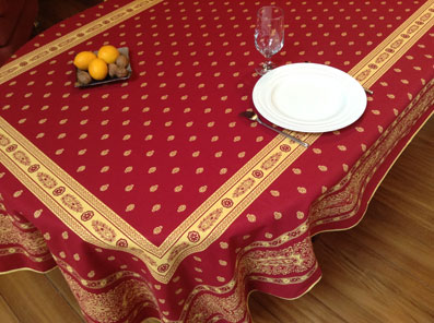 red and yellow provencal Jacquard tablecloth for 8 seater table