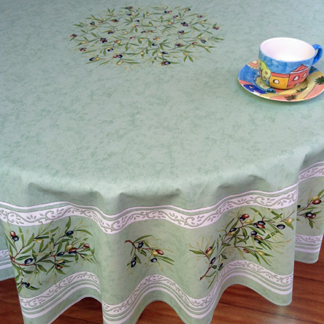 large round coated french tablecloth with olive designs