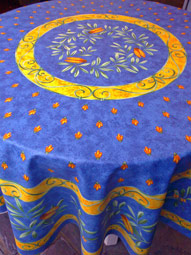 blue and yellow large round provence tablecloth with olives and cicadas