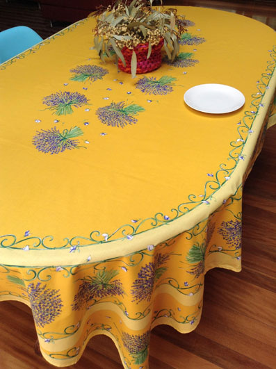 oval coated tablecloth with lavender design