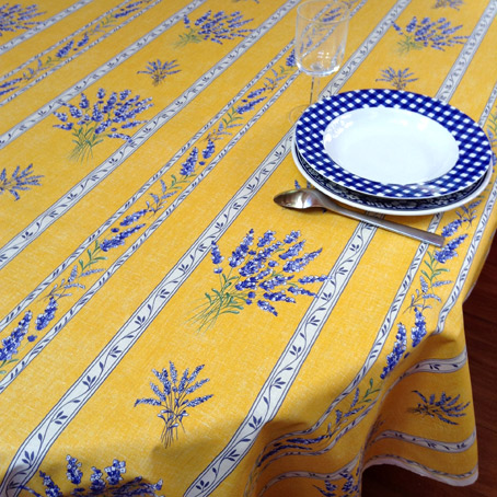 french provencal coated tablecloth with lavender design in purple and linen colours
