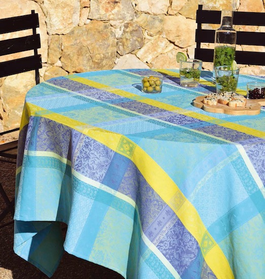 Teflon treated French Jacquar tablecloth with blue and yellow provencal colours