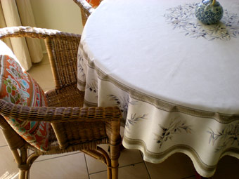 beige round cloth with olives design