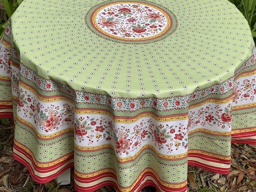 70in round green and pink french oilcloth from provence
