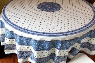 blue and white coated round tablecloth